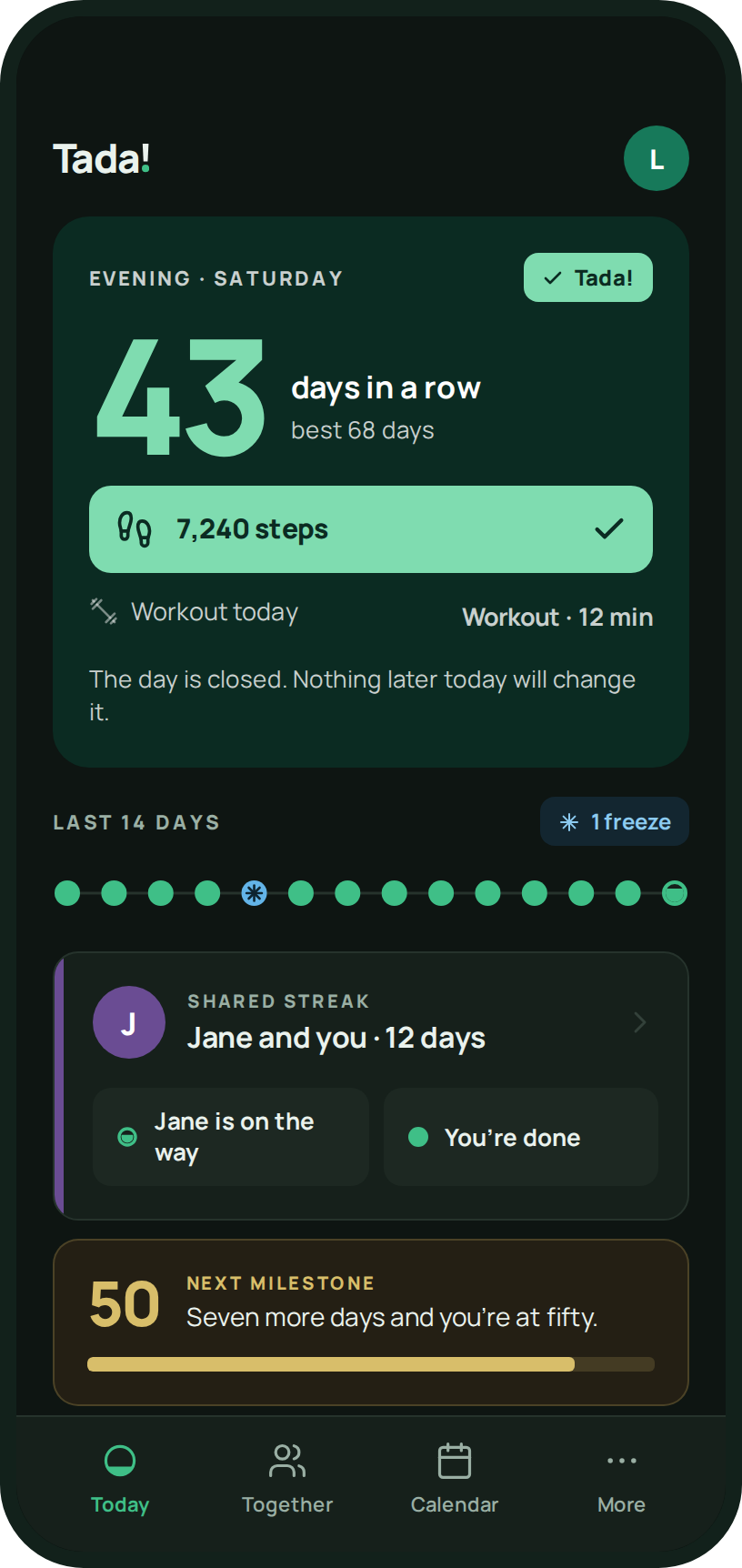 Tada! app screen: a 43-day streak, today completed with 7,240 steps, and a shared streak with Jane.